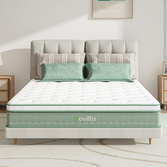 Novilla Queen Size Mattress, 10 Inch Hybrid Mattress in a Box, Foam with Individual Pocket Coils for Quality Sleep, Pillow Top Queen Mattresses with Quilted Cover, Release Pressure
