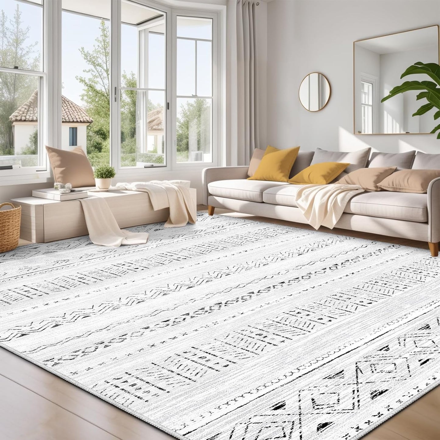 Large Living Room Area Rug 5x7: Soft Machine Washable Boho Moroccan Farmhouse Rugs for Bedroom Under Dining Table - Non-Slip Neutral Morden Indoor Floor Carpet for Home Office - Brown/Cream