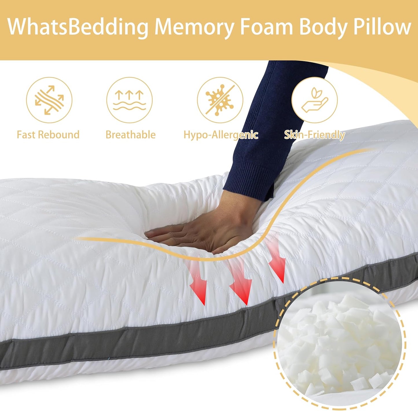 WhatsBedding Memory Foam Body Pillow with Removable Pillowcase-Fluffy Body Pillows for Adults -Large Long Bed Pillows for Sleeping - 20x54 inch, White
