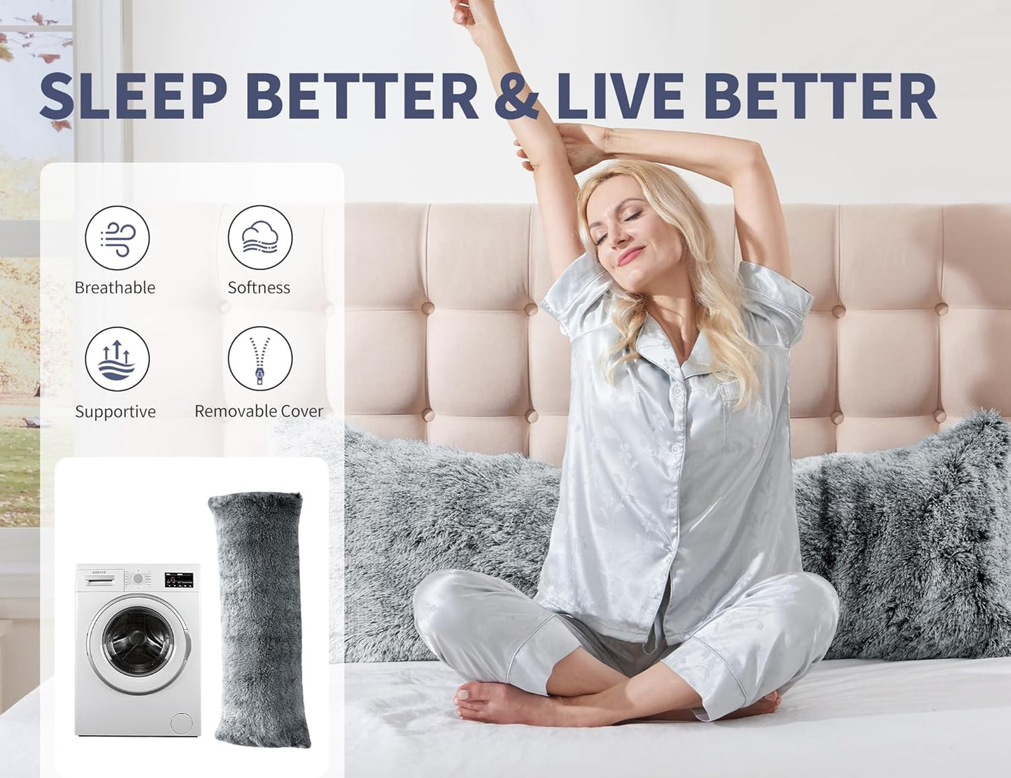 Fluffy Full Body Pillow for Adults 20x54 Long Big Body Pillow Cover Pillowcase with Memory Foam for bed Grey Pregnancy Cuddle Snuggles Body Pillows for Sleeping Side Sleeper Pillows for Adults