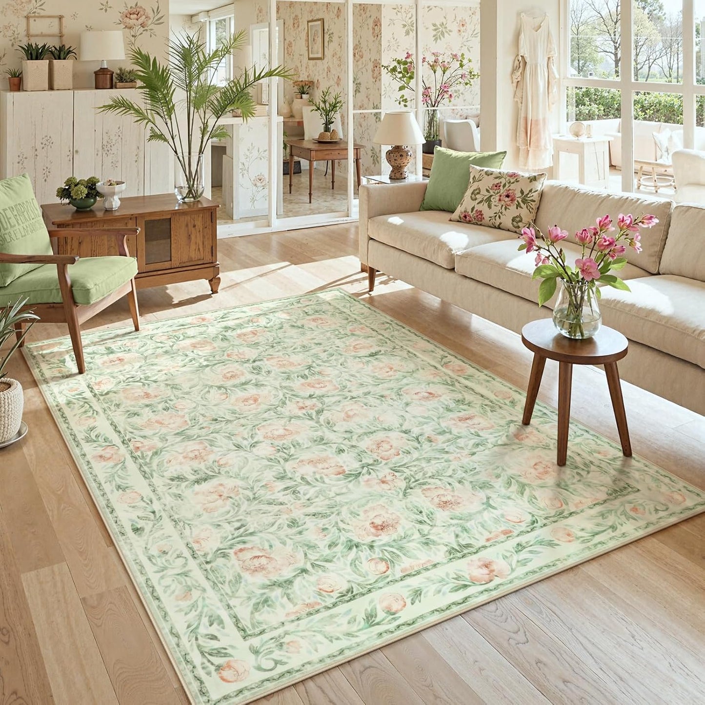 Collive Floral Area Rug 5x7, Pink Rugs for Bedroom Girls, Machine Washable Soft Low Pile Stain Resistant Carpet, Rug for Living Room Nursery Kids Playroom ‎Dorm