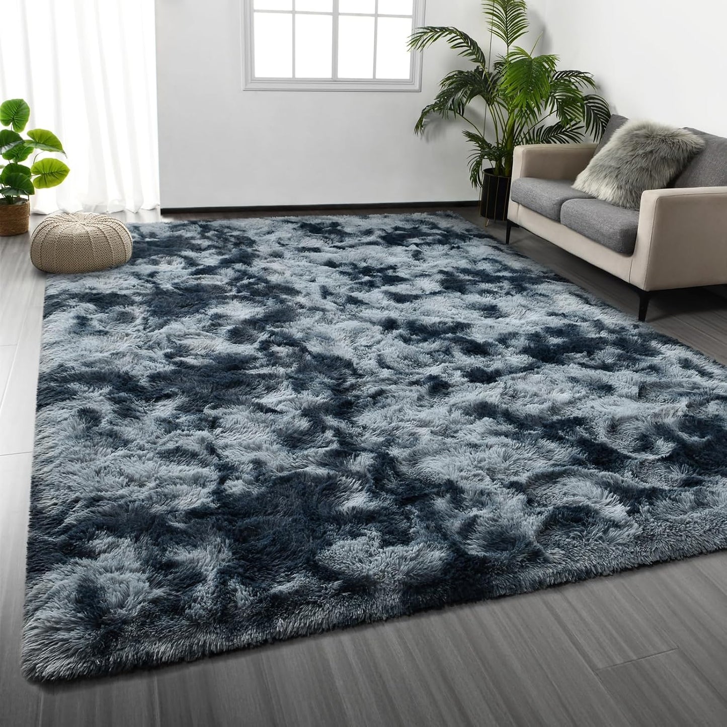 Large Shag Area Rugs 5 x 8, Tie-Dyed Plush Fuzzy Rugs for Living Room, Ultra Soft Fluffy Furry Rug for Bedroom, Indoor Carpet Nursery Rugs for Kids Room Home Decor, Light Grey