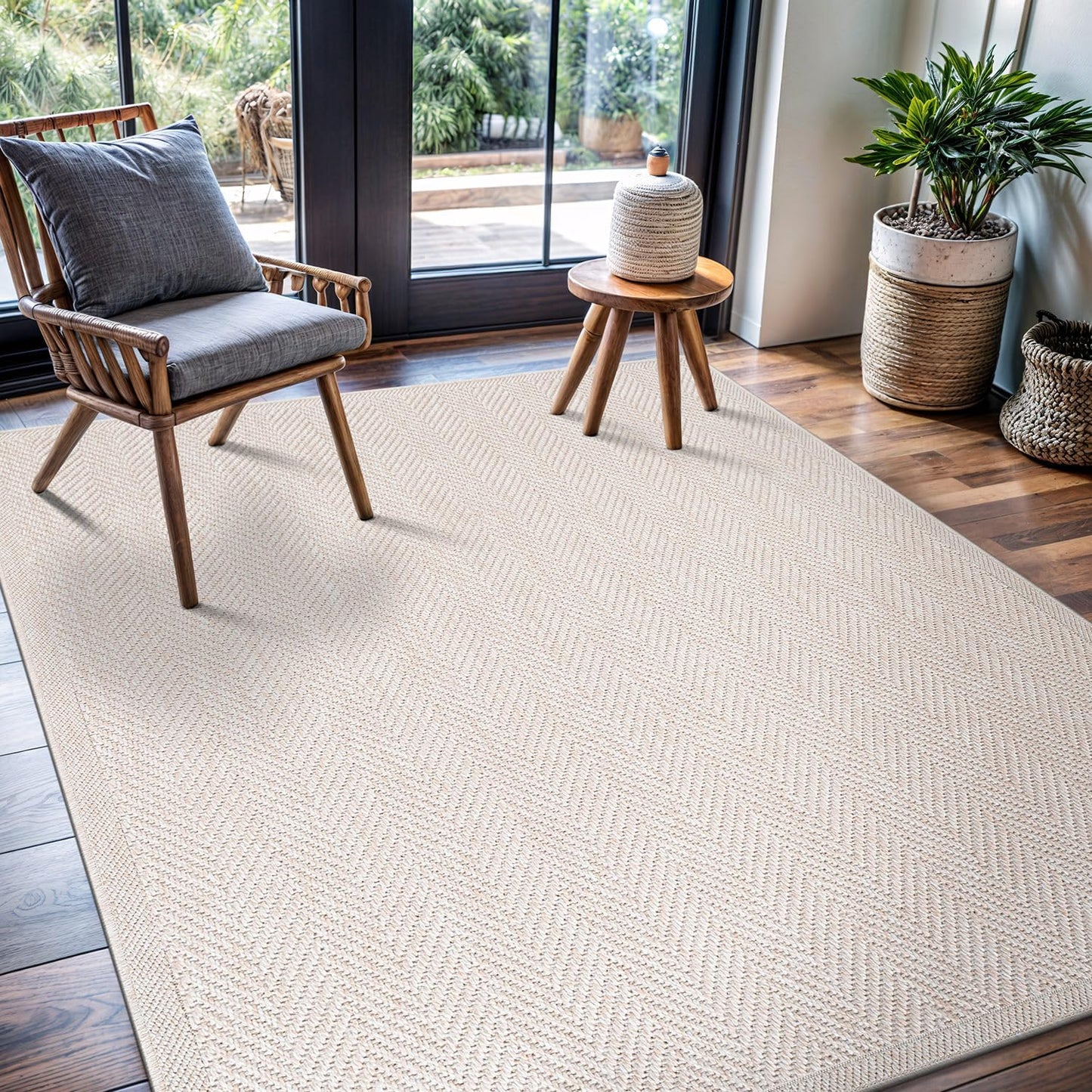 CAMILSON Easy Jute Rug 9x12, Indoor Outdoor Natural Color Fiber Area Rugs for Living Room and Patio Rug Herringbone Seagrass Boho Woven Design Easy-Cleaning Washable Outside Carpet Alfombras 9 x 12