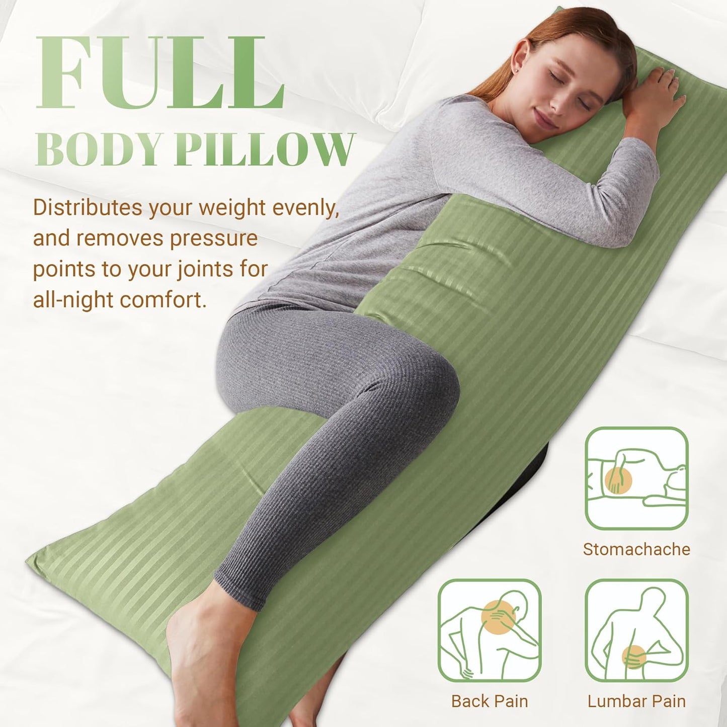 Cosybay Full Body Pillow Insert with Sage Green Pillowcase - Fluffy Long Bed Pillow for Adults - Firm Large Body Pillow with Washable Cover for Side and Back Sleepers - 20x54 Inch(Sage Green)