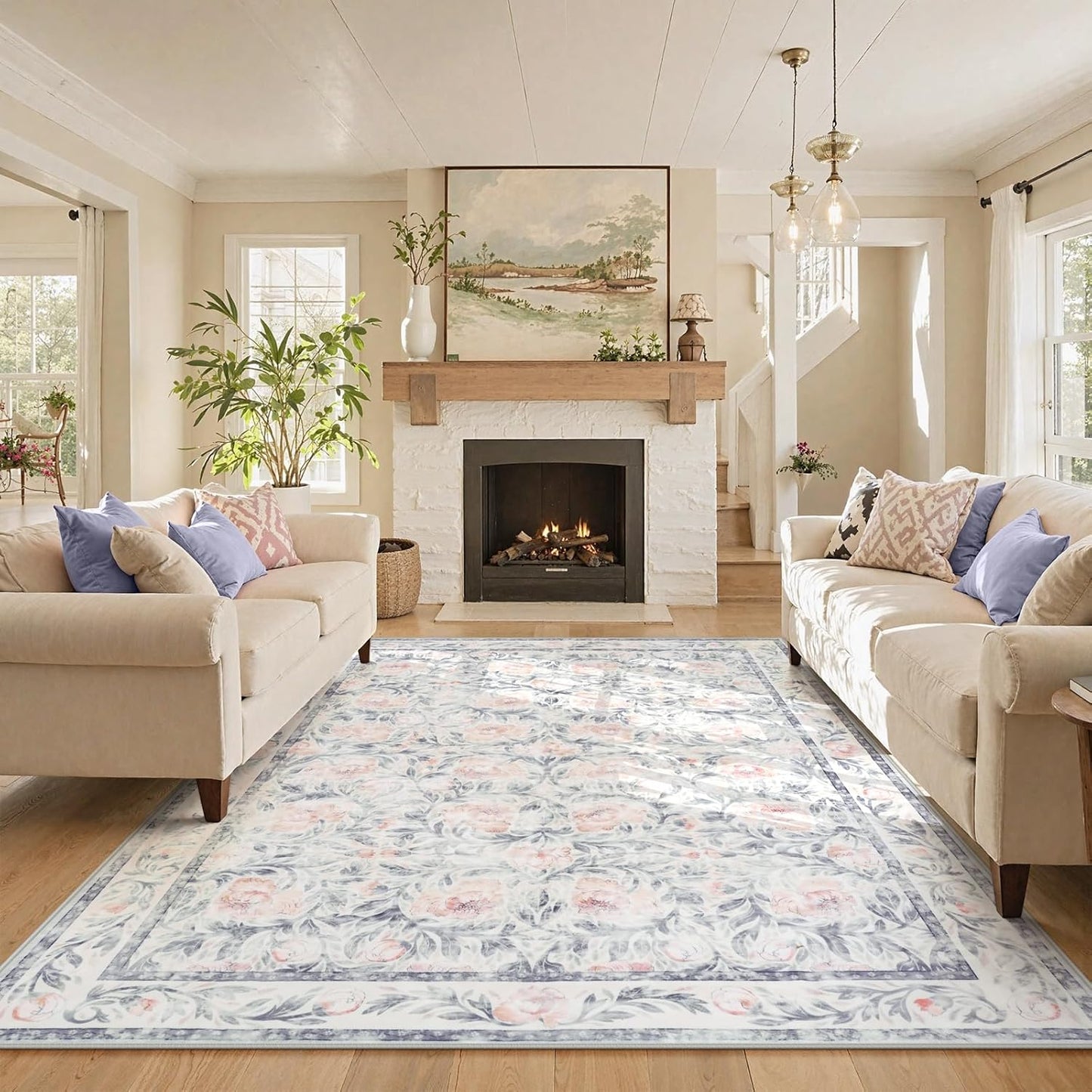 Collive Floral Area Rug 5x7, Pink Rugs for Bedroom Girls, Machine Washable Soft Low Pile Stain Resistant Carpet, Rug for Living Room Nursery Kids Playroom ‎Dorm