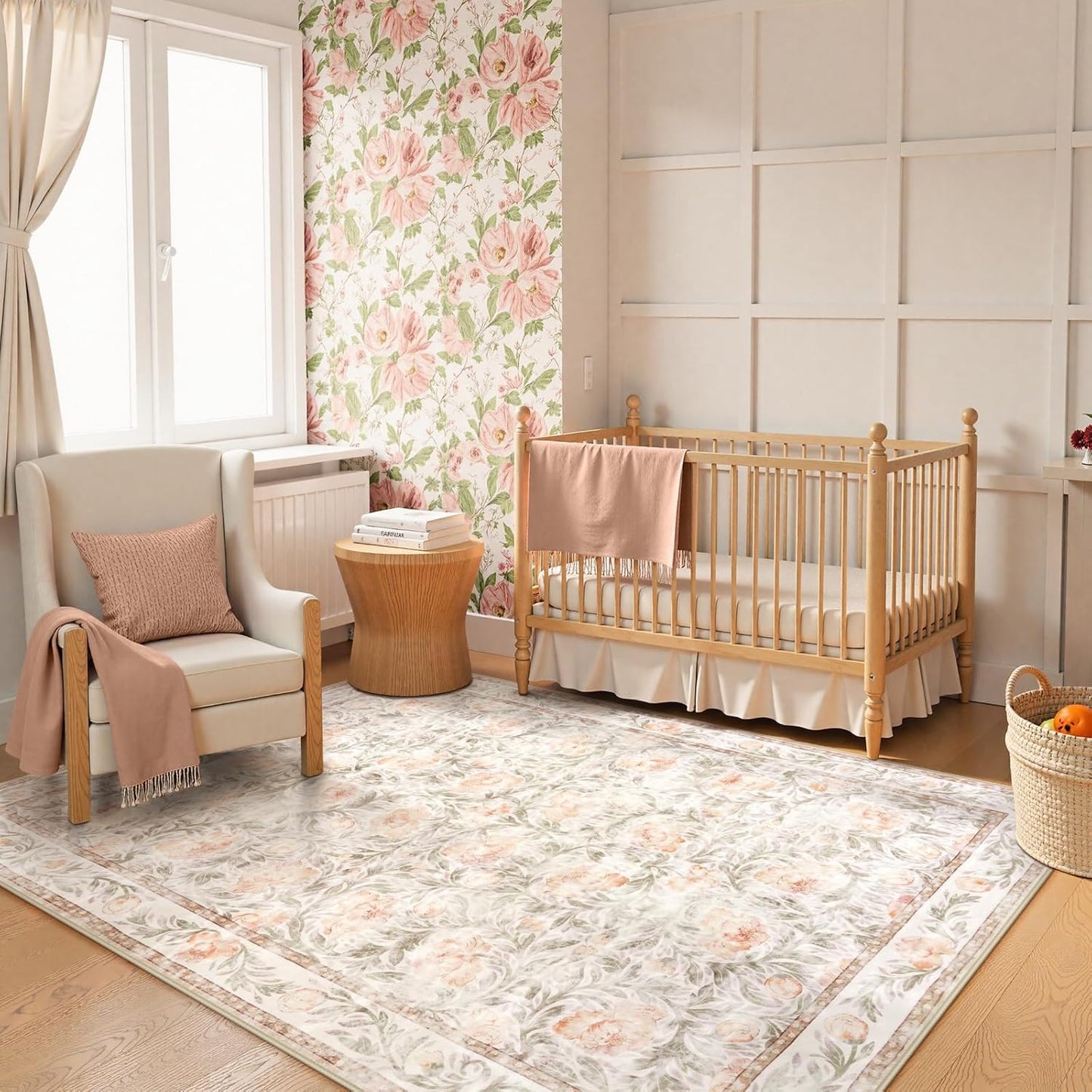 Collive Floral Area Rug 5x7, Pink Rugs for Bedroom Girls, Machine Washable Soft Low Pile Stain Resistant Carpet, Rug for Living Room Nursery Kids Playroom ‎Dorm