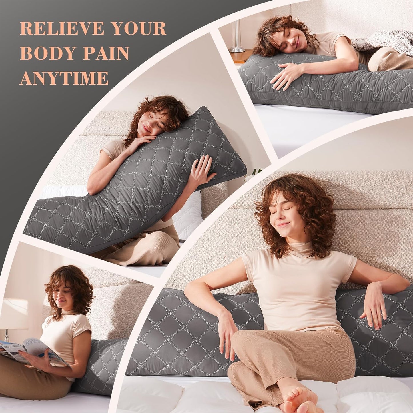 Decroom Memory Foam Body Pillow for Adults, Ultra-Soft Full Body Pillow with Diamond Quilted Cover, Support for Side Sleepers - Machine Washable, 20x54 Inch, Dark Gray