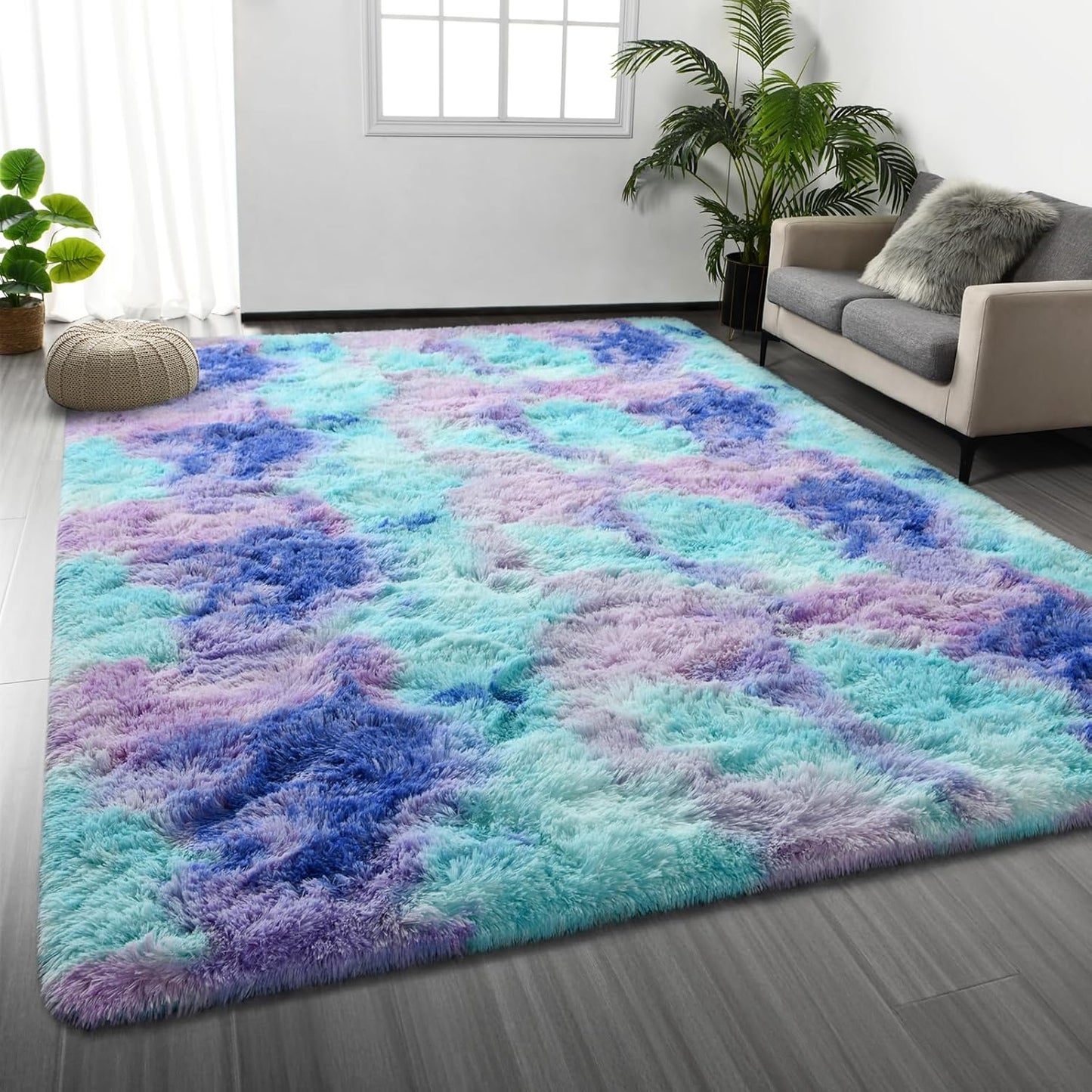 Large Shag Area Rugs 5 x 8, Tie-Dyed Plush Fuzzy Rugs for Living Room, Ultra Soft Fluffy Furry Rug for Bedroom, Indoor Carpet Nursery Rugs for Kids Room Home Decor, Light Grey