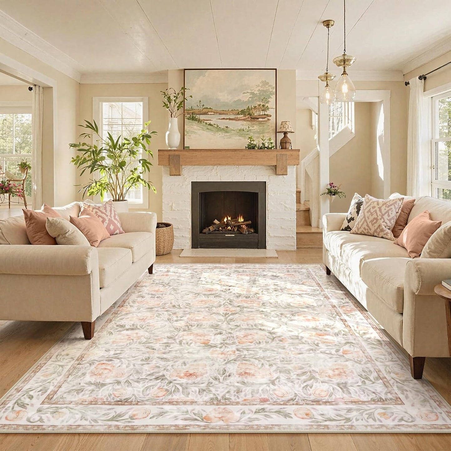 Collive Floral Area Rug 5x7, Pink Rugs for Bedroom Girls, Machine Washable Soft Low Pile Stain Resistant Carpet, Rug for Living Room Nursery Kids Playroom ‎Dorm
