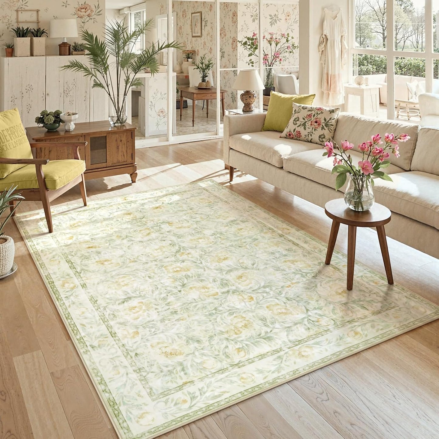 Collive Floral Area Rug 5x7, Pink Rugs for Bedroom Girls, Machine Washable Soft Low Pile Stain Resistant Carpet, Rug for Living Room Nursery Kids Playroom ‎Dorm