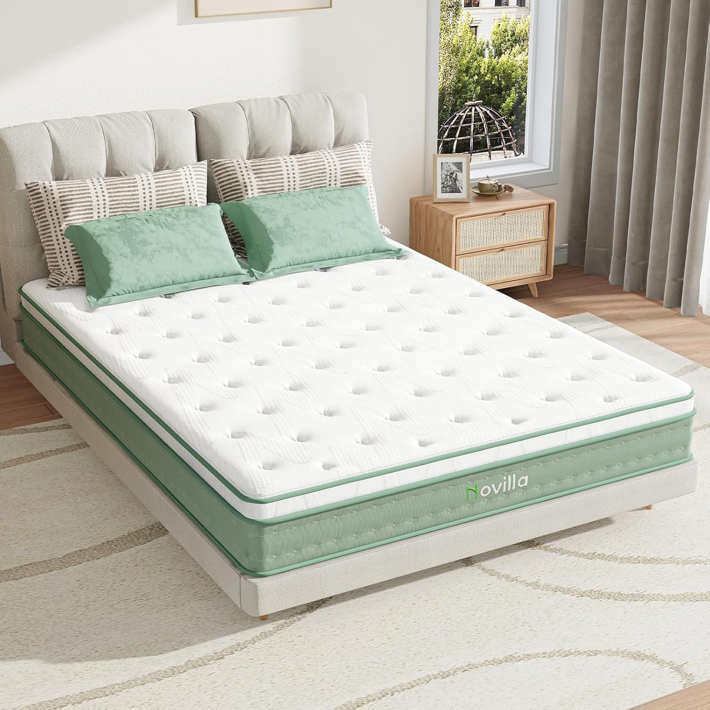 Novilla Queen Size Mattress, 10 Inch Hybrid Mattress in a Box, Foam with Individual Pocket Coils for Quality Sleep, Pillow Top Queen Mattresses with Quilted Cover, Release Pressure