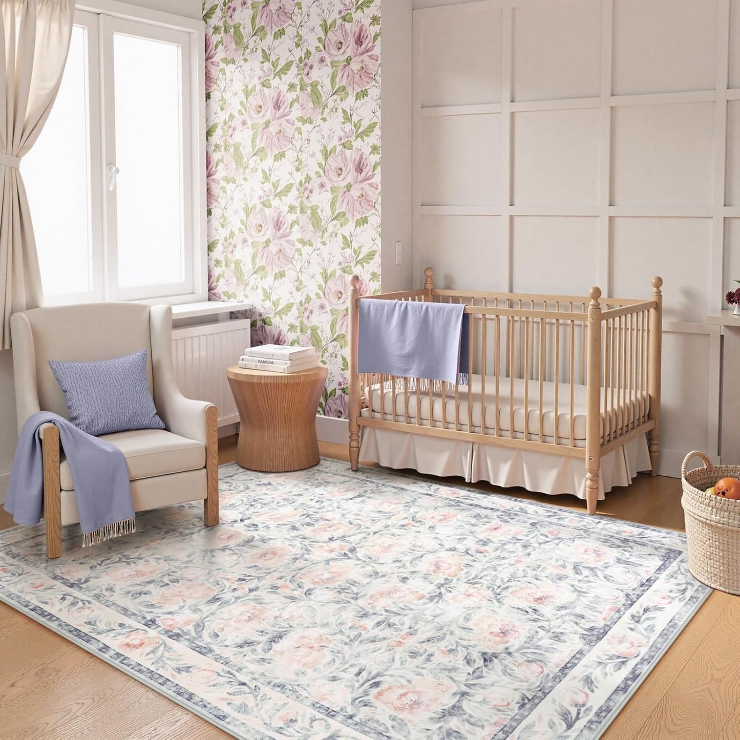 Collive Floral Area Rug 5x7, Pink Rugs for Bedroom Girls, Machine Washable Soft Low Pile Stain Resistant Carpet, Rug for Living Room Nursery Kids Playroom ‎Dorm