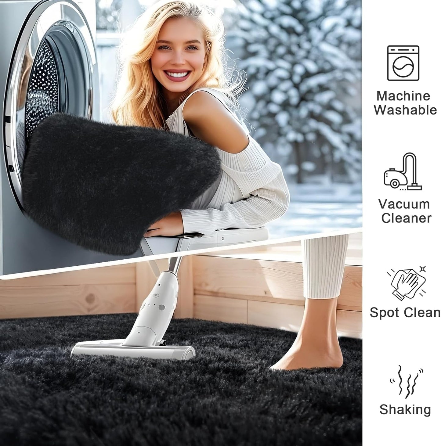 6x9 Feet Machine Washable Area Rugs for Bedroom Living Room, Black Soft Plush Fluffy Fuzzy Shag Shaggy Carpet, Indoor Floor Rugs for Kids, Nursery, Home Decor Aesthetic