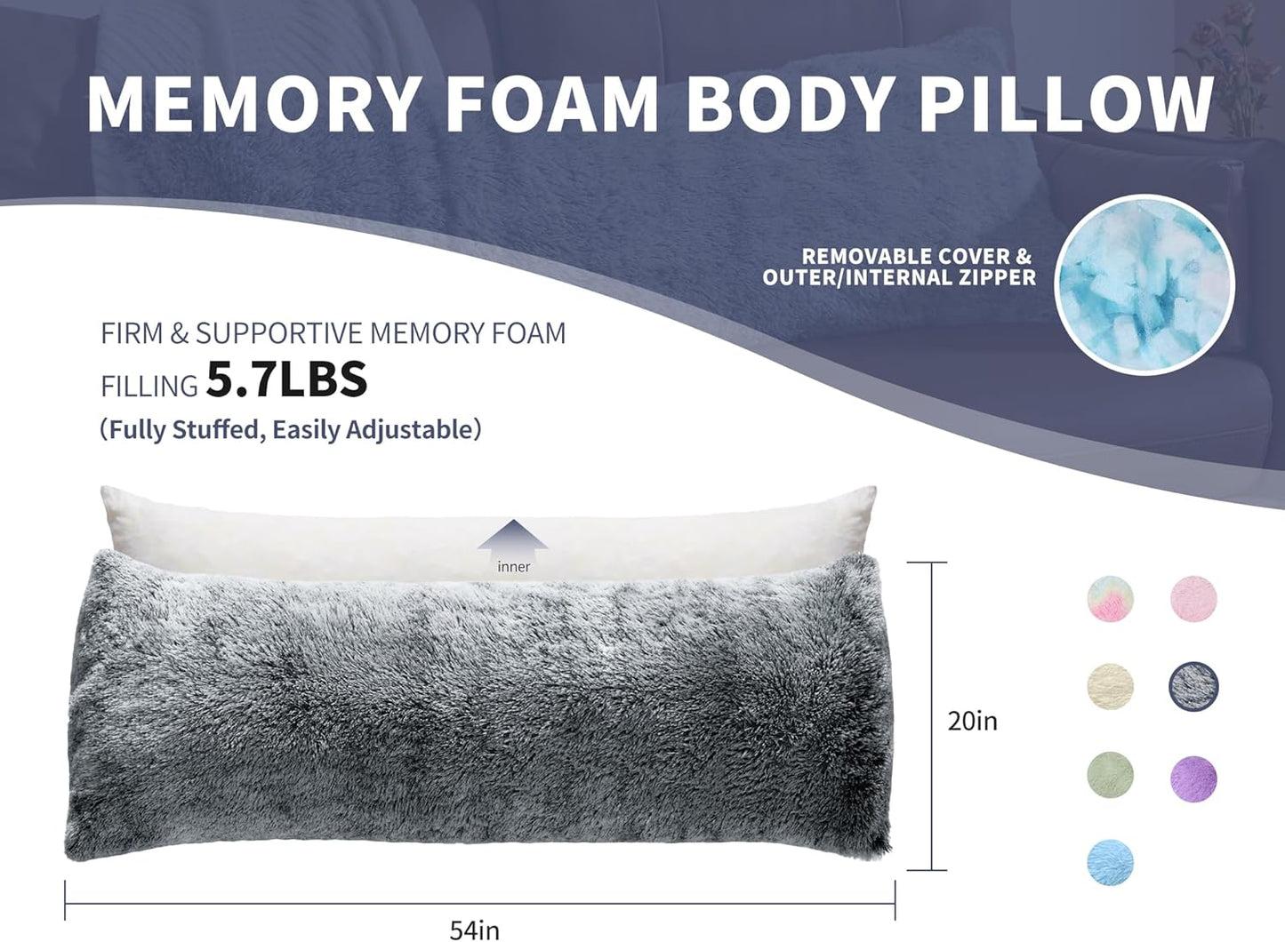 Fluffy Full Body Pillow for Adults 20x54 Long Big Body Pillow Cover Pillowcase with Memory Foam for bed Grey Pregnancy Cuddle Snuggles Body Pillows for Sleeping Side Sleeper Pillows for Adults