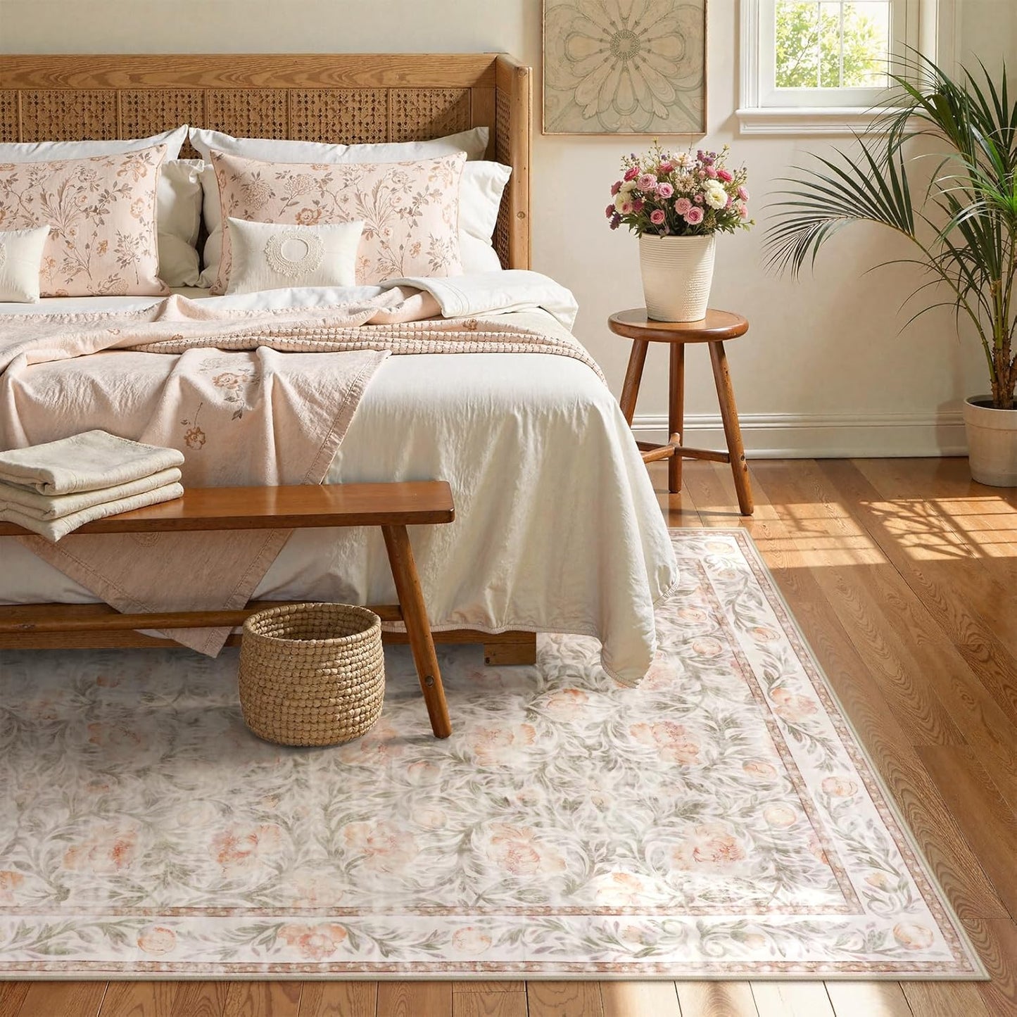 Collive Floral Area Rug 5x7, Pink Rugs for Bedroom Girls, Machine Washable Soft Low Pile Stain Resistant Carpet, Rug for Living Room Nursery Kids Playroom ‎Dorm