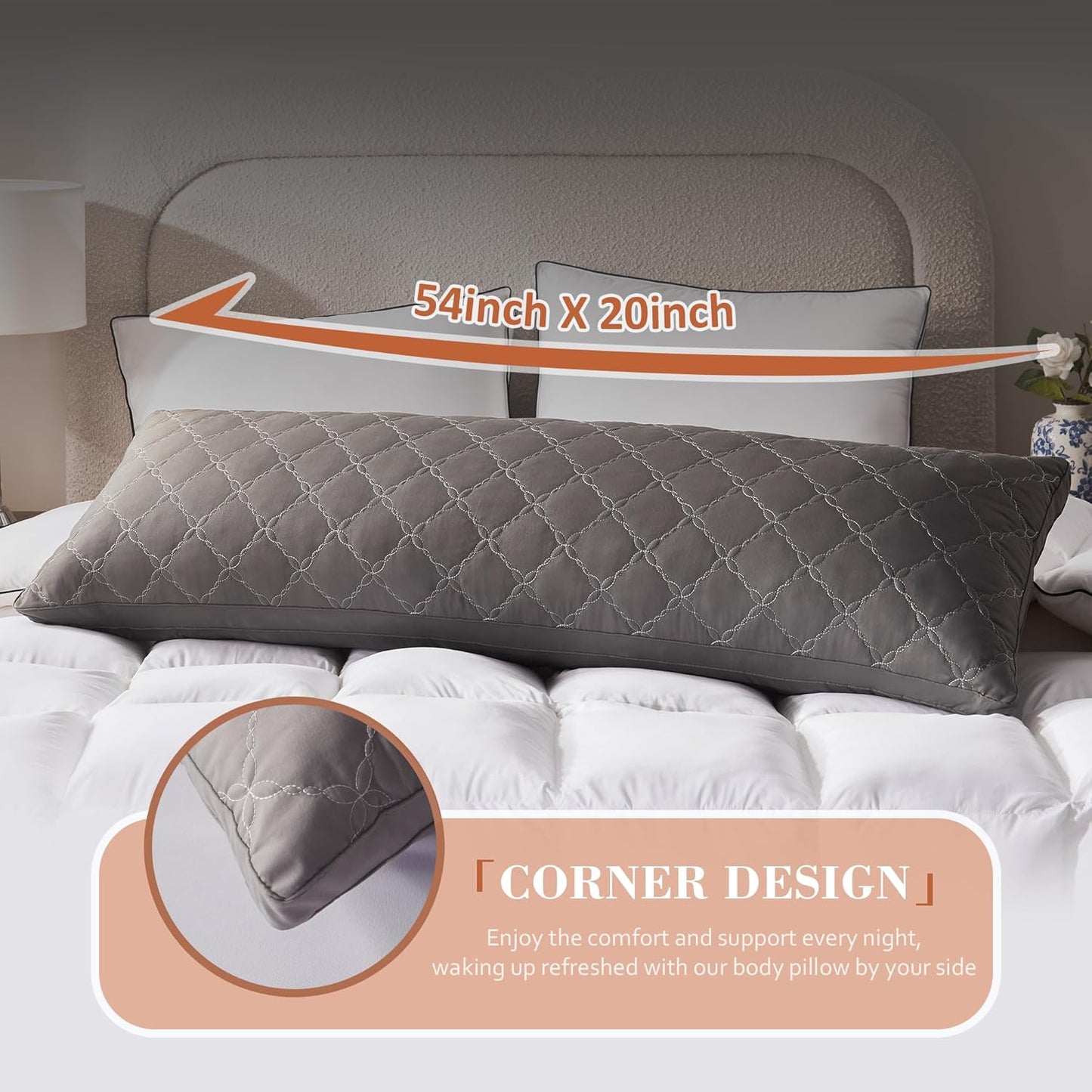 Decroom Memory Foam Body Pillow for Adults, Ultra-Soft Full Body Pillow with Diamond Quilted Cover, Support for Side Sleepers - Machine Washable, 20x54 Inch, Dark Gray
