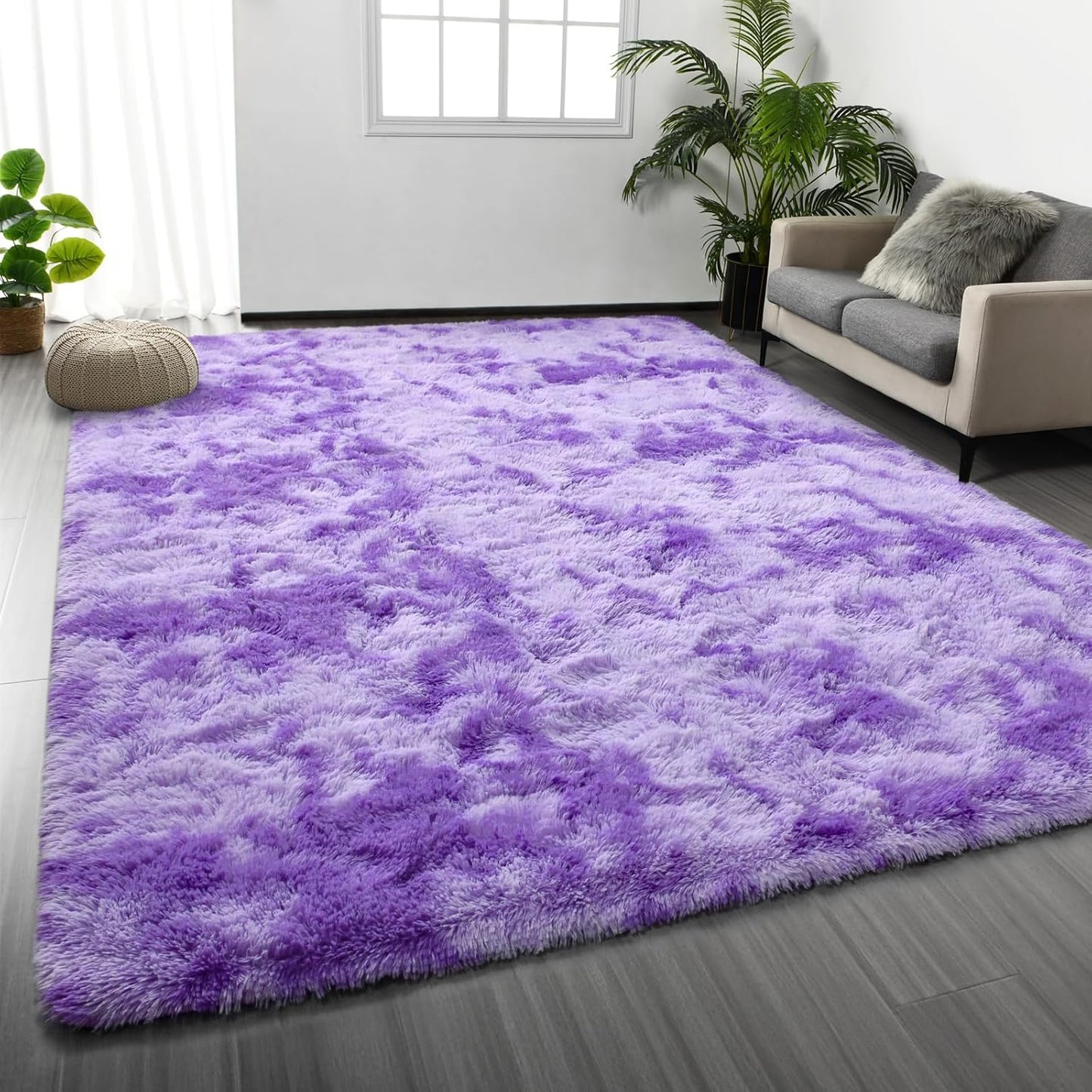 Large Shag Area Rugs 5 x 8, Tie-Dyed Plush Fuzzy Rugs for Living Room, Ultra Soft Fluffy Furry Rug for Bedroom, Indoor Carpet Nursery Rugs for Kids Room Home Decor, Light Grey