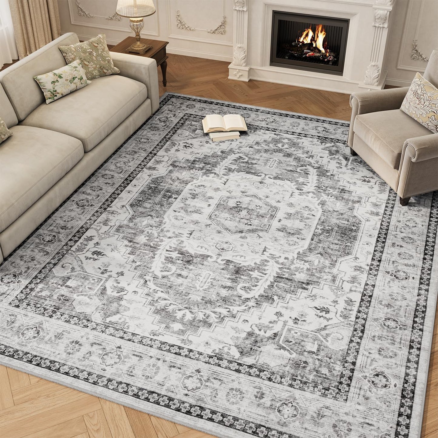 Brown Washable 5x7 Area Rugs for Living Room Rug Bedroom Rug-Carpet Neutral Moody Vintage Traditional Dining Room Rugs Office Soft Comfortable Non Slip