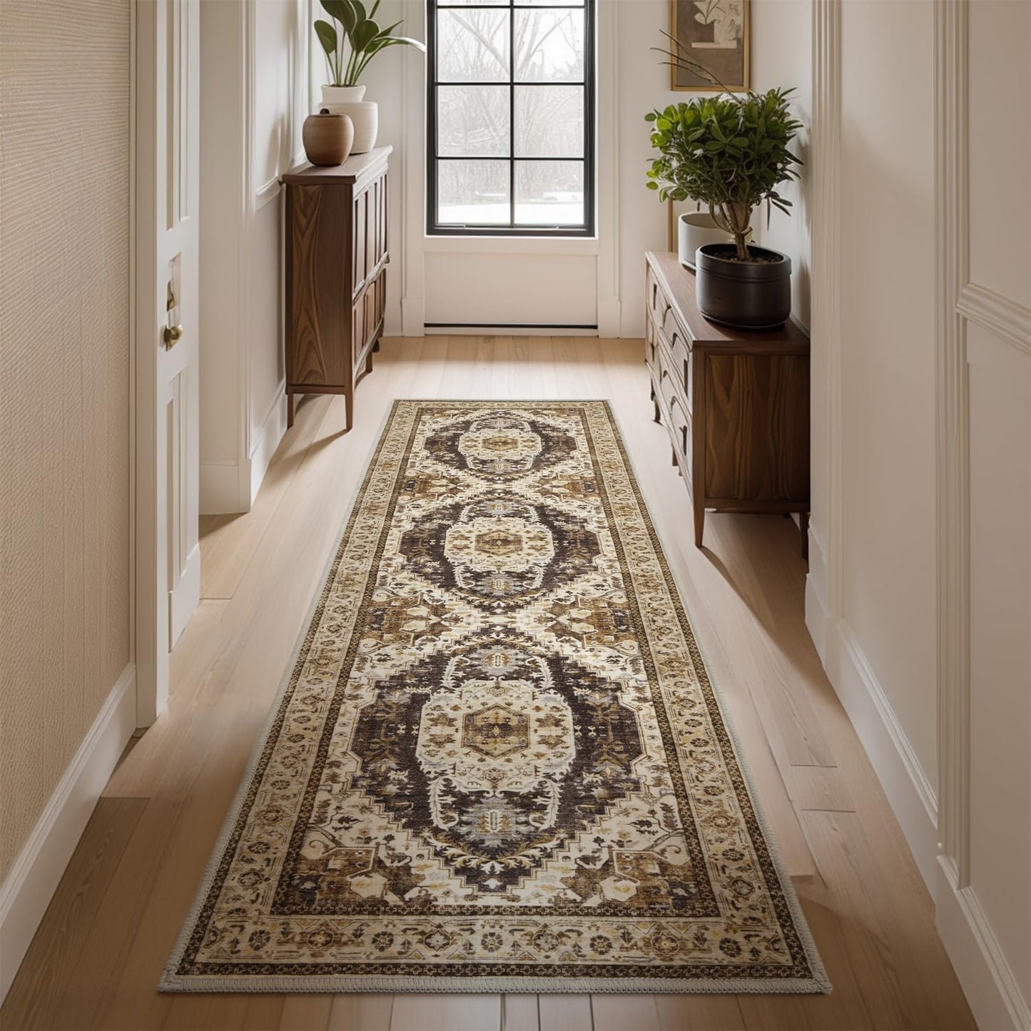 Brown Washable 5x7 Area Rugs for Living Room Rug Bedroom Rug-Carpet Neutral Moody Vintage Traditional Dining Room Rugs Office Soft Comfortable Non Slip