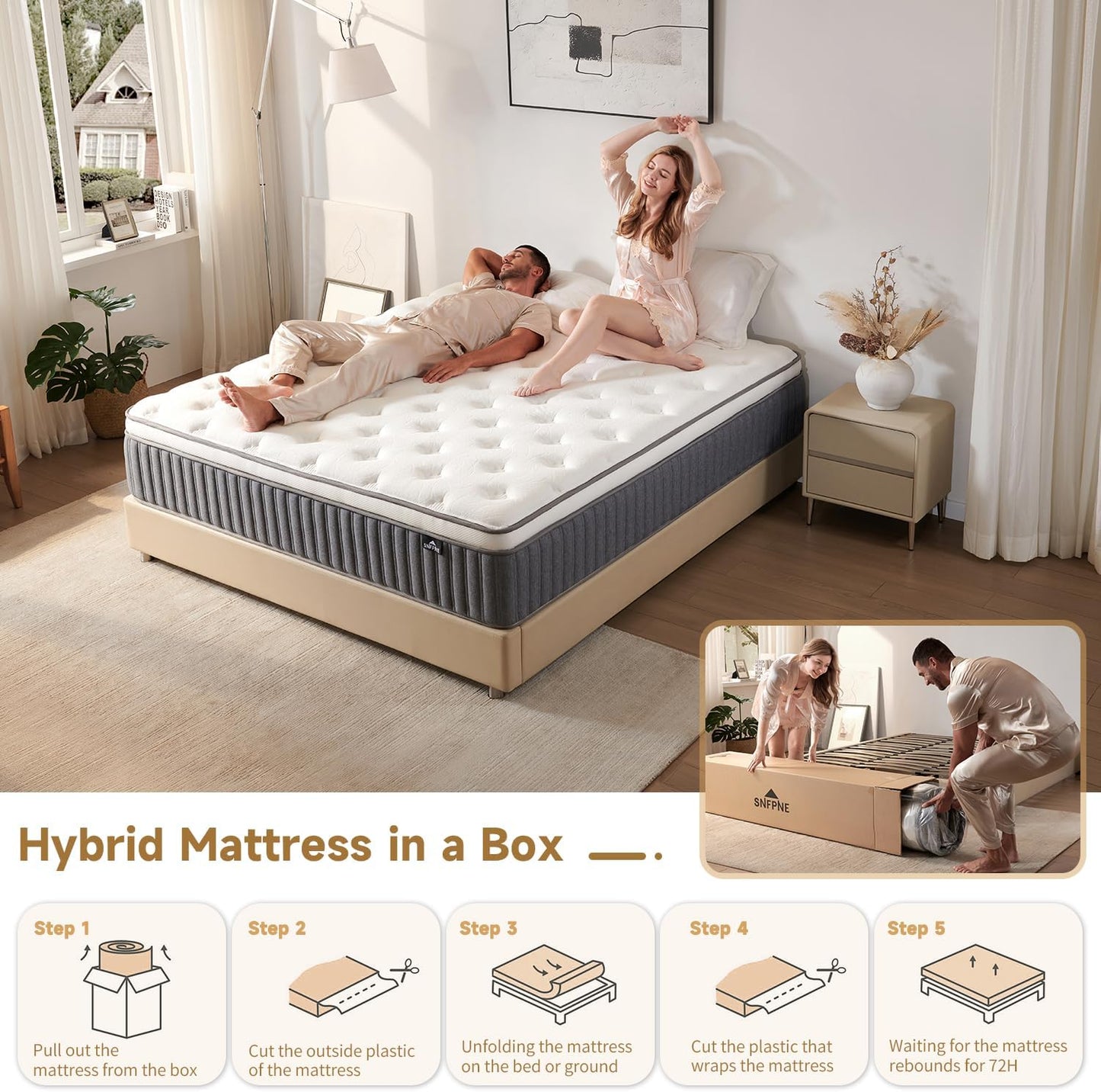 Queen Size Mattress 12 Inch, Hybrid Memory Foam Mattress with Zoned Pocket Coils Support and Motion Isolation Design, Strengthen Edge Support,CertiPUR-US Certified, Medium Firm in a Box