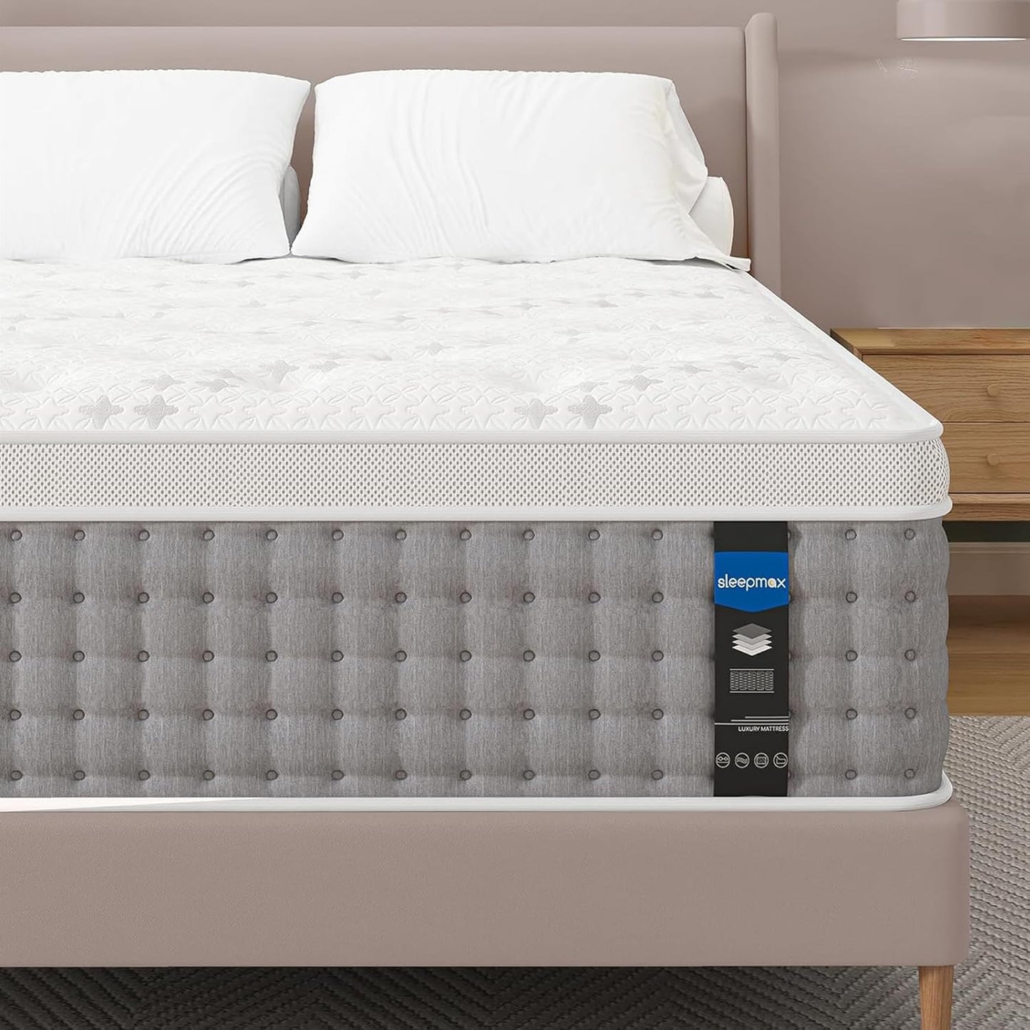 Sleepmax Queen Mattress 14 Inch - Hotel-Collection Hybrid Mattress Extra Lumbar & Hip Support - Deep Sleep Bed in a Box Pain Relief - Fiberglass-Free, CertiPUR-US Certified, 365-Night Trial