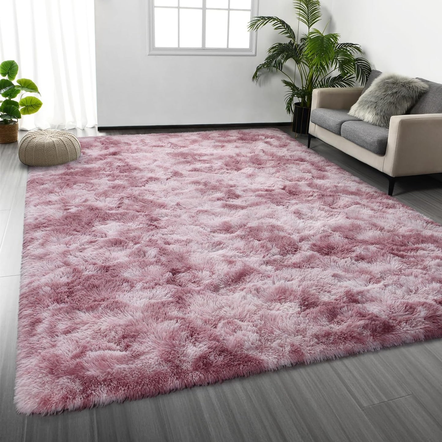 Large Shag Area Rugs 5 x 8, Tie-Dyed Plush Fuzzy Rugs for Living Room, Ultra Soft Fluffy Furry Rug for Bedroom, Indoor Carpet Nursery Rugs for Kids Room Home Decor, Light Grey