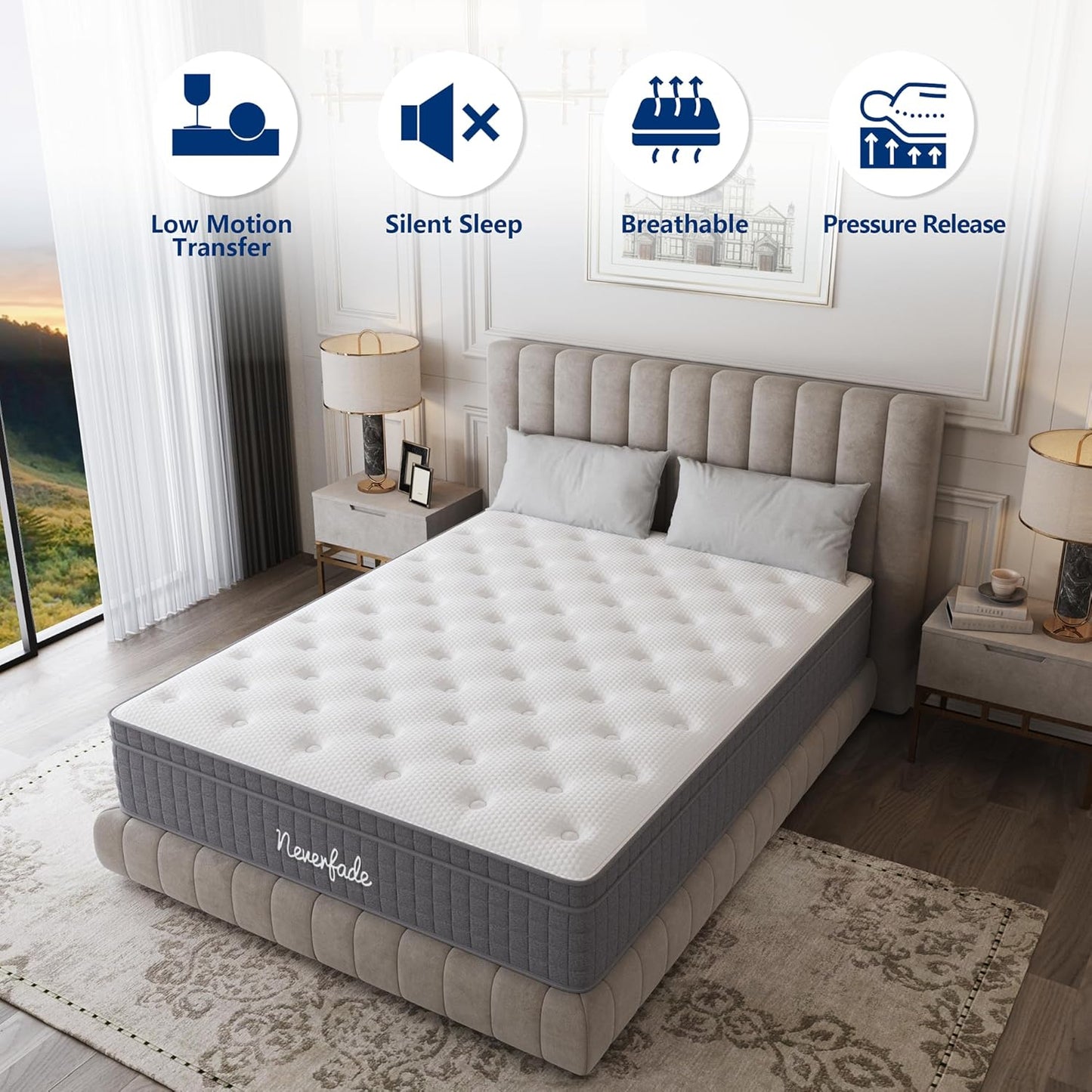 Neverfade 12 Inch Queen Mattress, Medium Firm Gel Memory Foam Hybrid Mattress, for Back Pain Relief, Pressure Relief for Side Sleepers