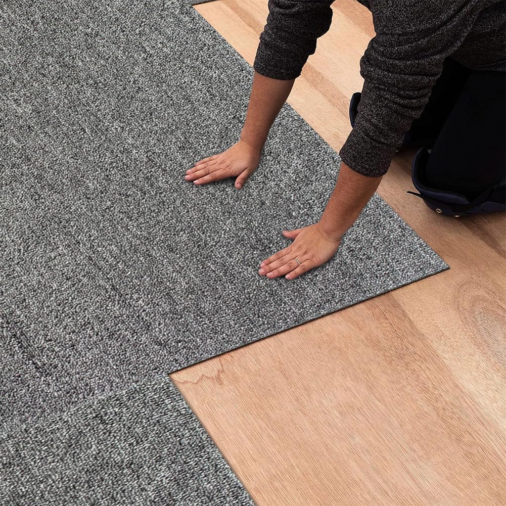 Carpet Tiles 20"x 20" Squares Reusable Floor Carpet, 12 Tiles Non Slip Peel and Stick Easy DIY Installation Seamless Rug for Bedroom Living Room Office, Light Gray