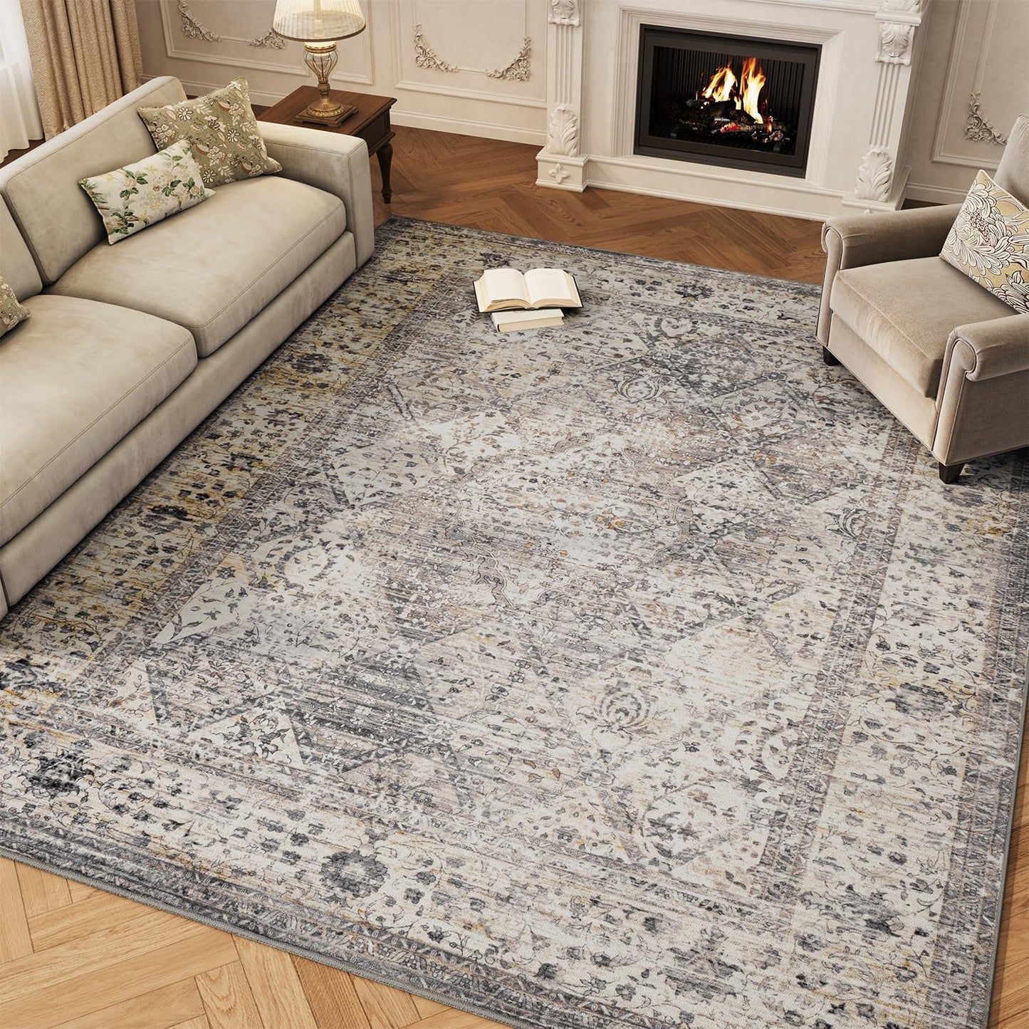 Brown Washable 5x7 Area Rugs for Living Room Rug Bedroom Rug-Carpet Neutral Moody Vintage Traditional Dining Room Rugs Office Soft Comfortable Non Slip