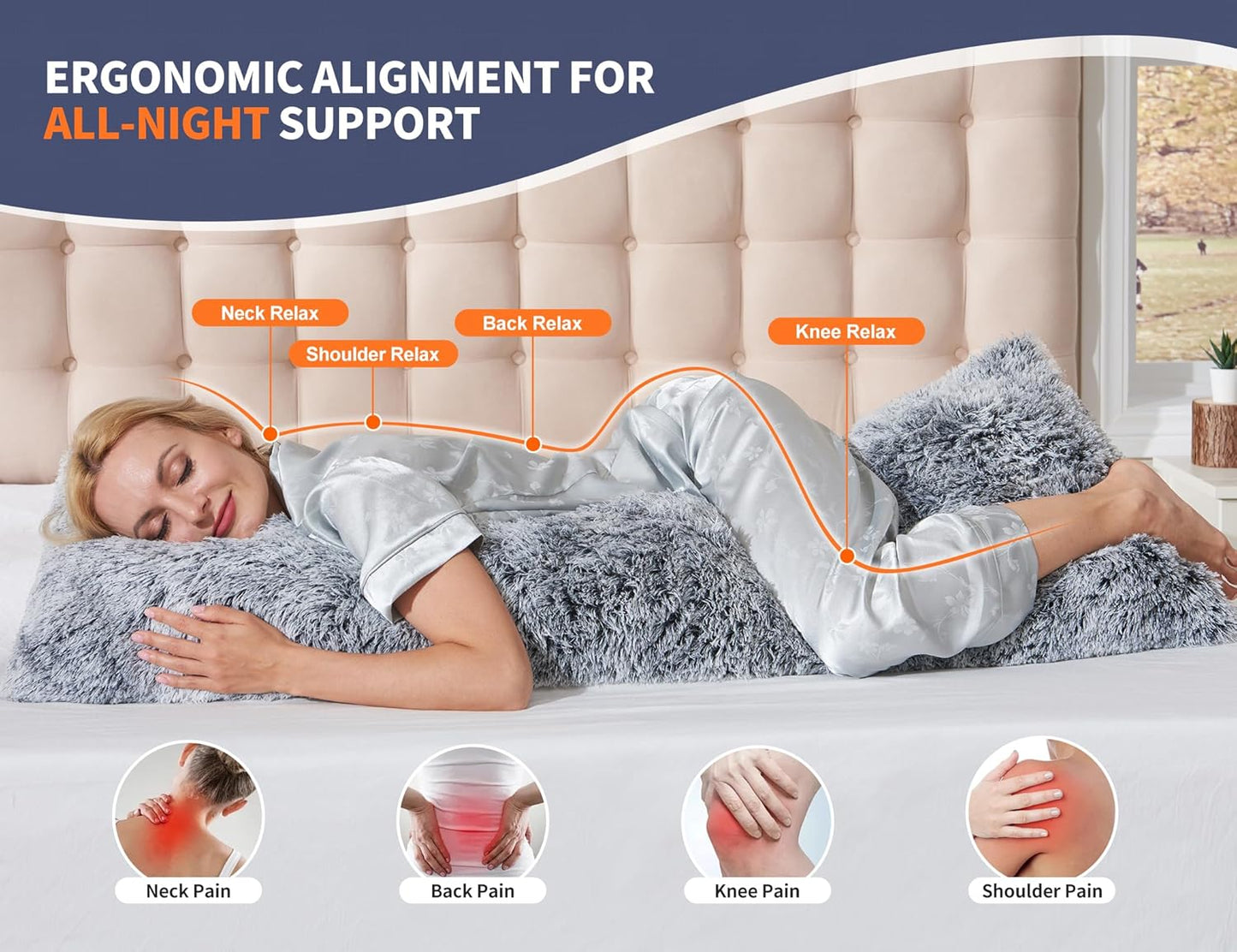 Fluffy Full Body Pillow for Adults 20x54 Long Big Body Pillow Cover Pillowcase with Memory Foam for bed Grey Pregnancy Cuddle Snuggles Body Pillows for Sleeping Side Sleeper Pillows for Adults