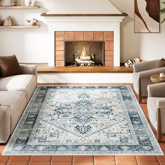 Vintage Traditional Area Rug - 10x14 Large Washable Low Pile Non-Slip Tufted Carpet for Living Room Bedroom, Indoor Home Decor Floor Covering Mat, Dark Blue