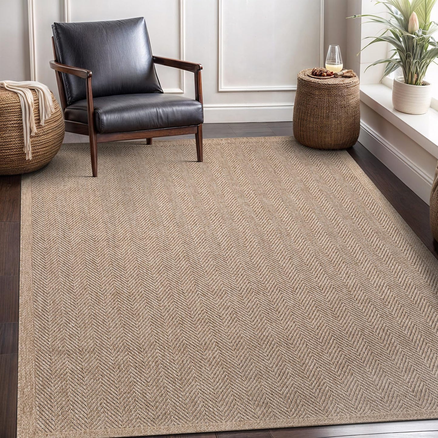CAMILSON Easy Jute Rug 9x12, Indoor Outdoor Natural Color Fiber Area Rugs for Living Room and Patio Rug Herringbone Seagrass Boho Woven Design Easy-Cleaning Washable Outside Carpet Alfombras 9 x 12