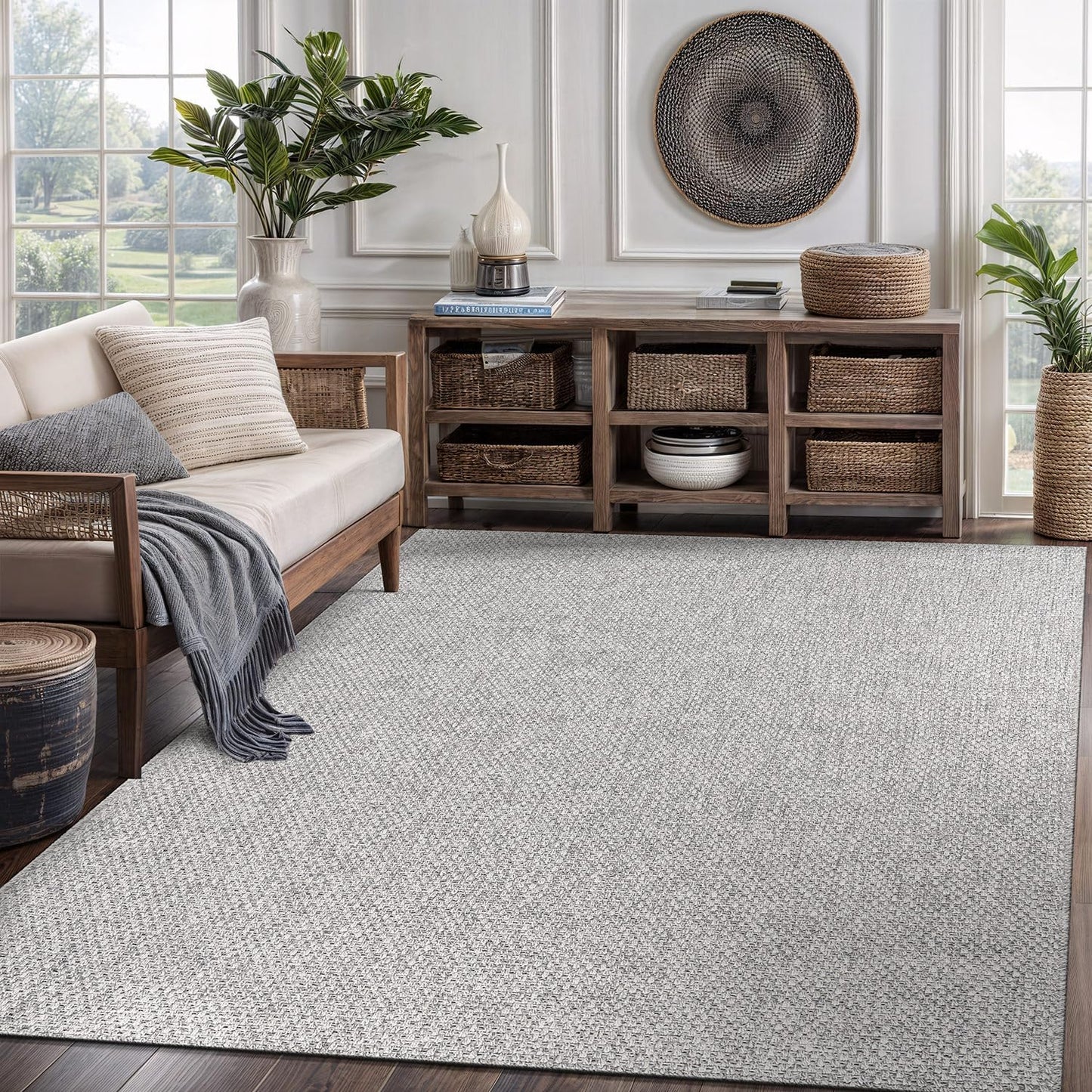 CAMILSON Easy Jute Rug 9x12, Indoor Outdoor Natural Color Fiber Area Rugs for Living Room and Patio Rug Herringbone Seagrass Boho Woven Design Easy-Cleaning Washable Outside Carpet Alfombras 9 x 12