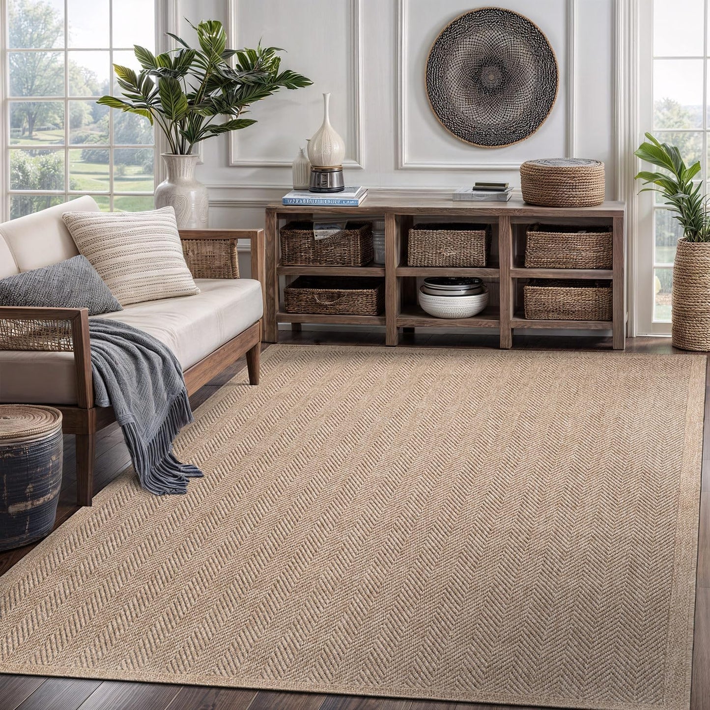 CAMILSON Easy Jute Rug 9x12, Indoor Outdoor Natural Color Fiber Area Rugs for Living Room and Patio Rug Herringbone Seagrass Boho Woven Design Easy-Cleaning Washable Outside Carpet Alfombras 9 x 12
