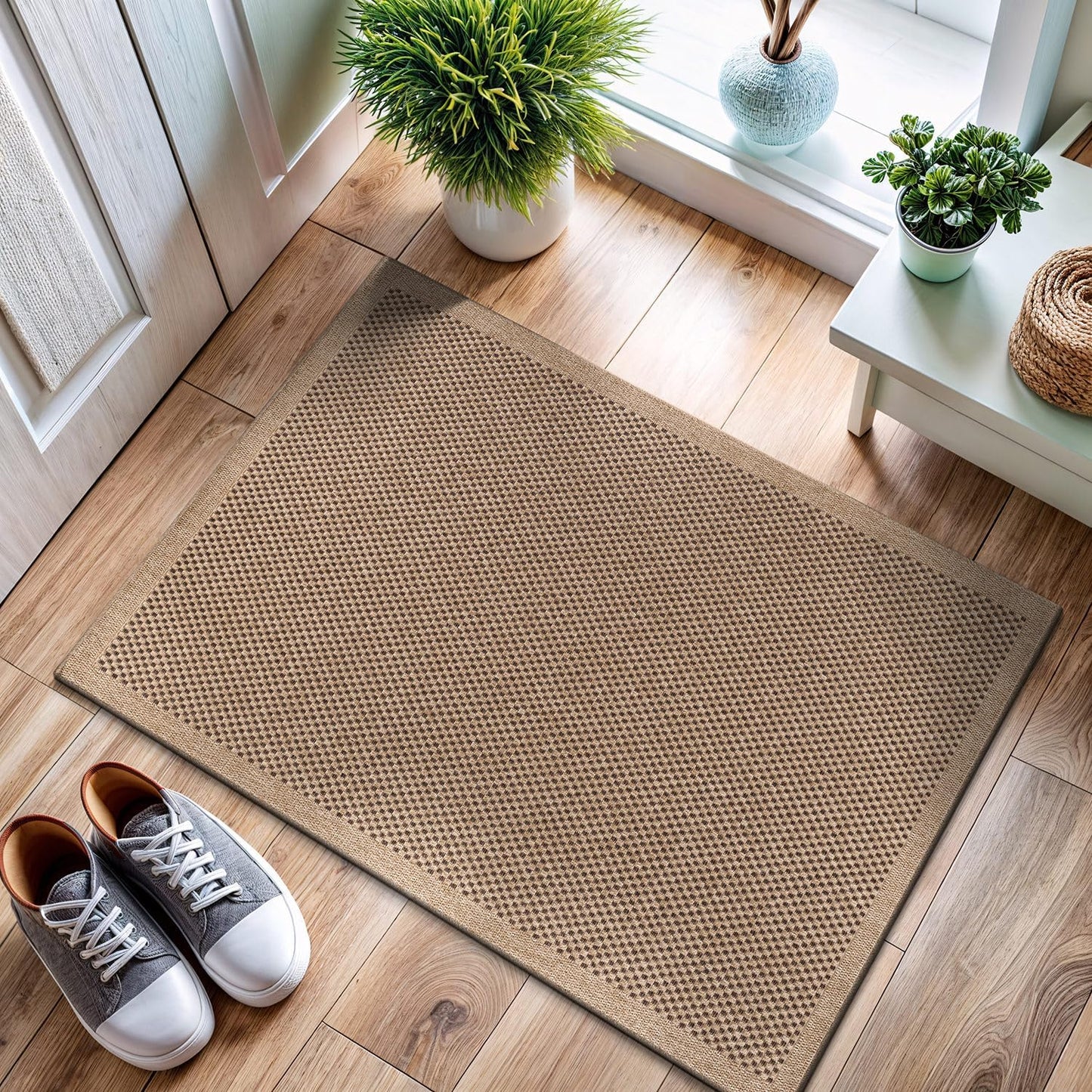 CAMILSON Easy Jute Rug 9x12, Indoor Outdoor Natural Color Fiber Area Rugs for Living Room and Patio Rug Herringbone Seagrass Boho Woven Design Easy-Cleaning Washable Outside Carpet Alfombras 9 x 12