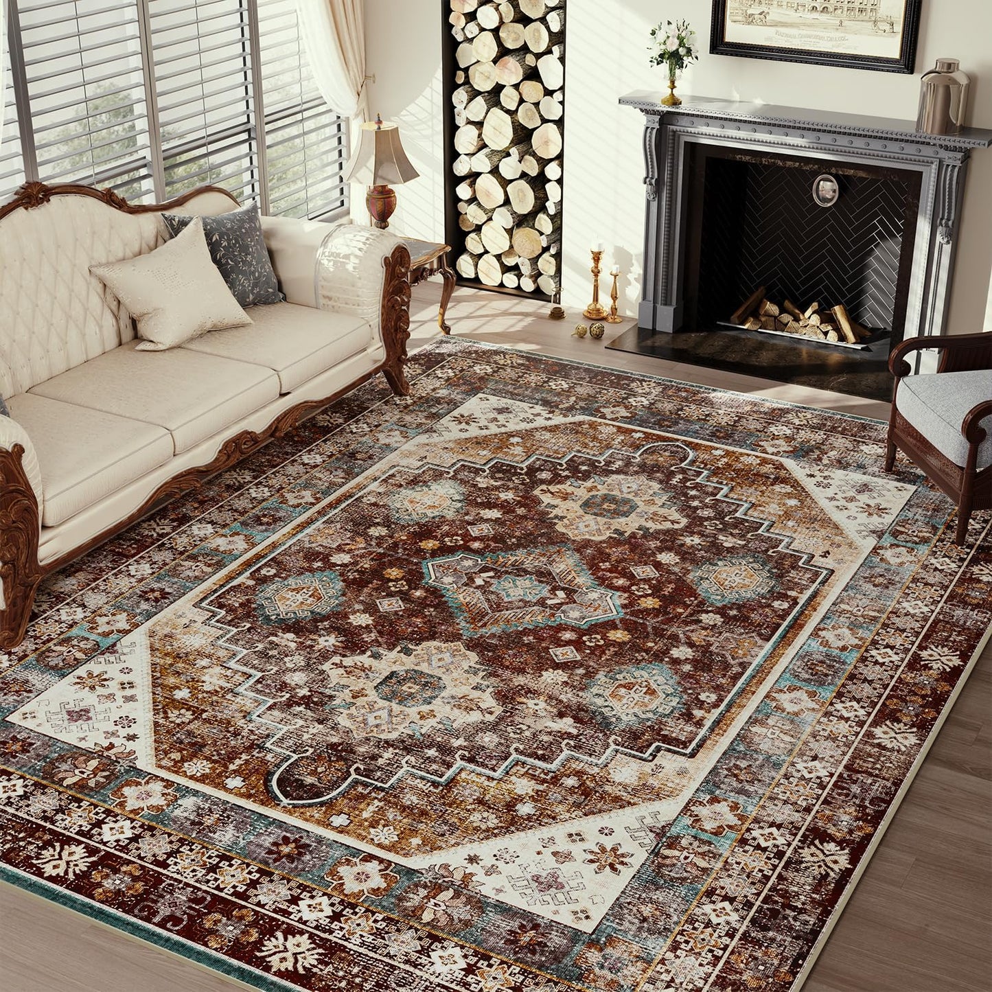 Brown Washable 5x7 Area Rugs for Living Room Rug Bedroom Rug-Carpet Neutral Moody Vintage Traditional Dining Room Rugs Office Soft Comfortable Non Slip