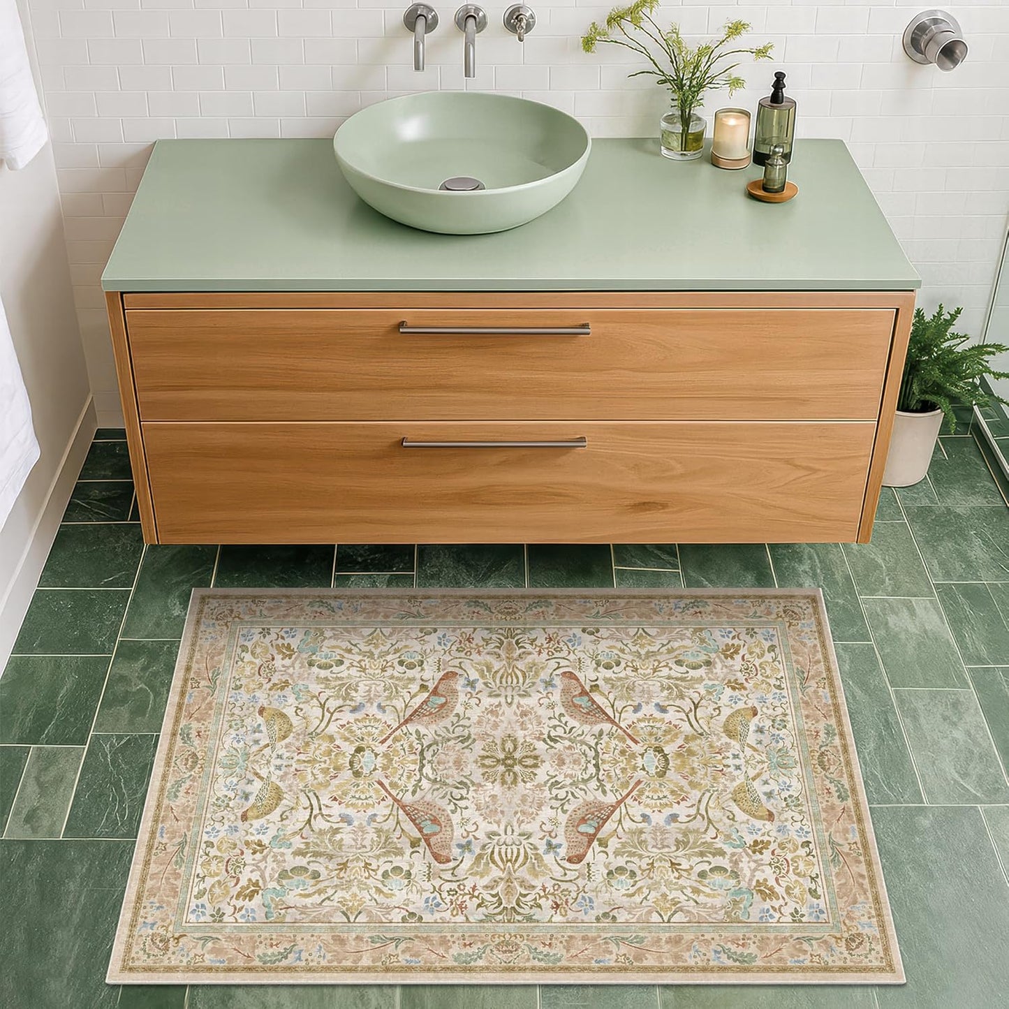 Washable Area Rugs 5x8 for Bedroom - Western Plant Rugs for Living Room, Dinning Room, Home Office, Playroom with Boho Light Green Botanical & Bird Pattern, Non Slip Stain Resistant Low Pile