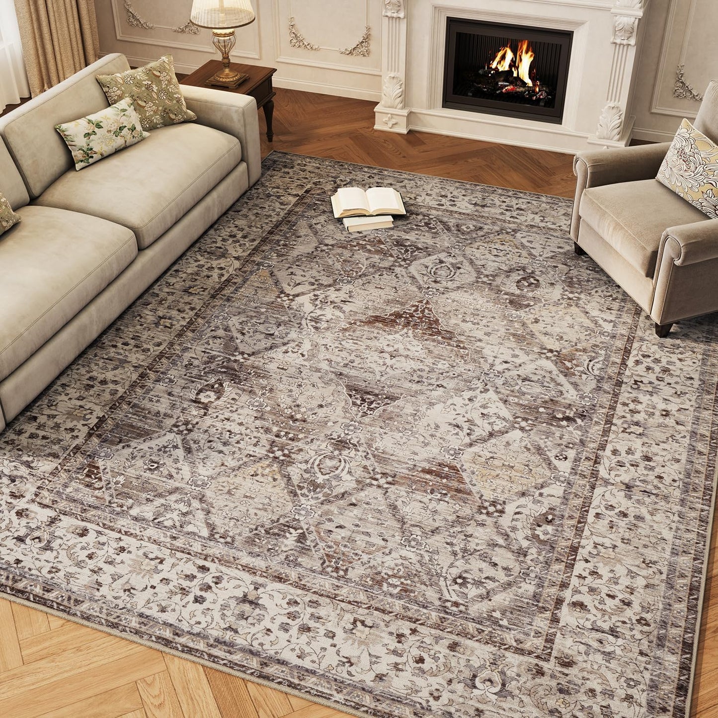 Brown Washable 5x7 Area Rugs for Living Room Rug Bedroom Rug-Carpet Neutral Moody Vintage Traditional Dining Room Rugs Office Soft Comfortable Non Slip