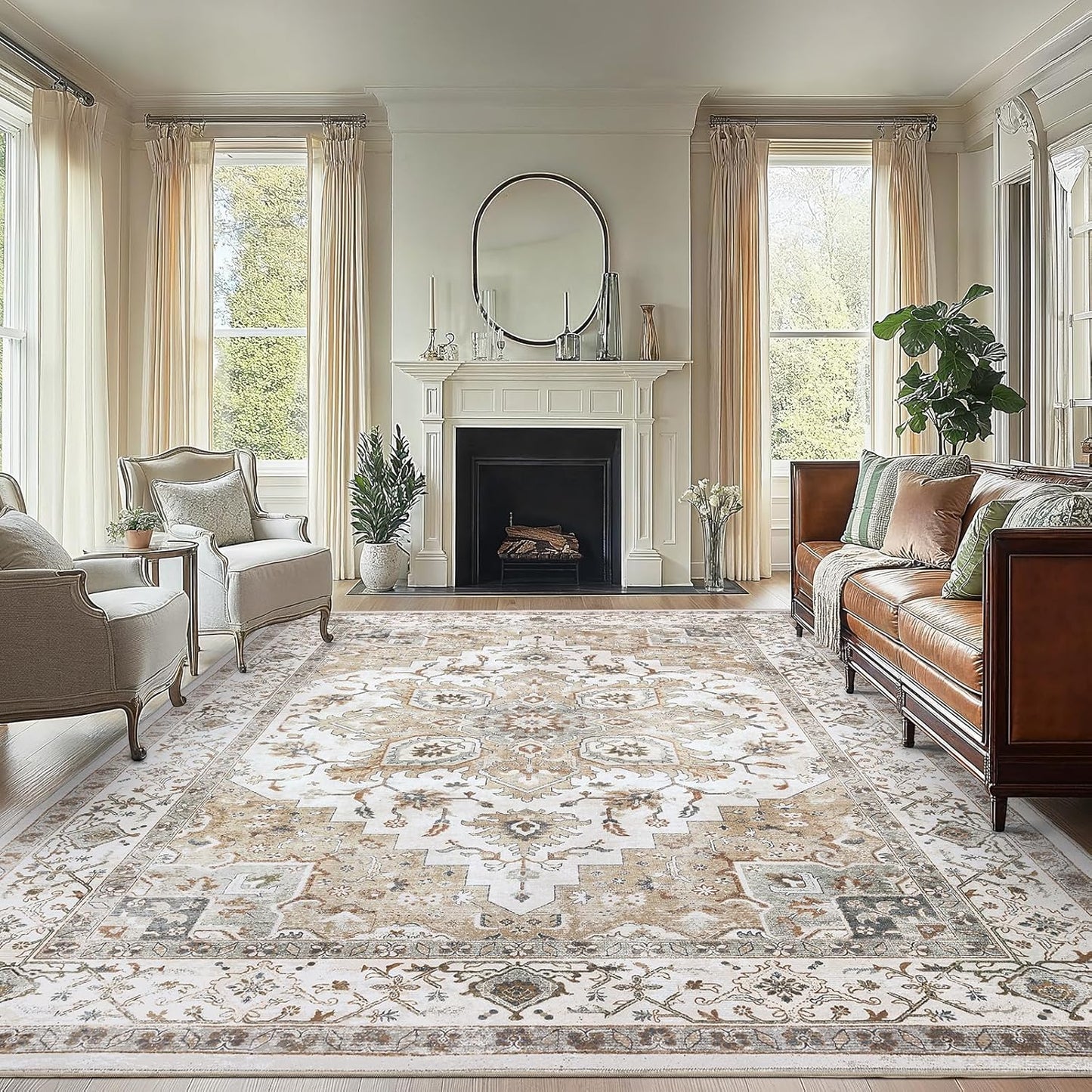 AMADA HOMEFURNISHING 8x10 Washable Area Rug, Low-Profile Large Area Rug with Non-Slip Backing & Durable Edge Binding, Vintage Large Rugs for Living Room, Bedroom, Dinning Room