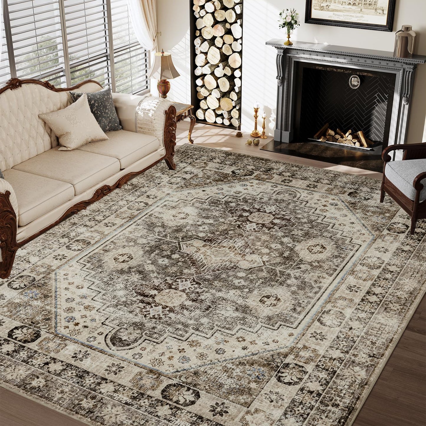 Brown Washable 5x7 Area Rugs for Living Room Rug Bedroom Rug-Carpet Neutral Moody Vintage Traditional Dining Room Rugs Office Soft Comfortable Non Slip